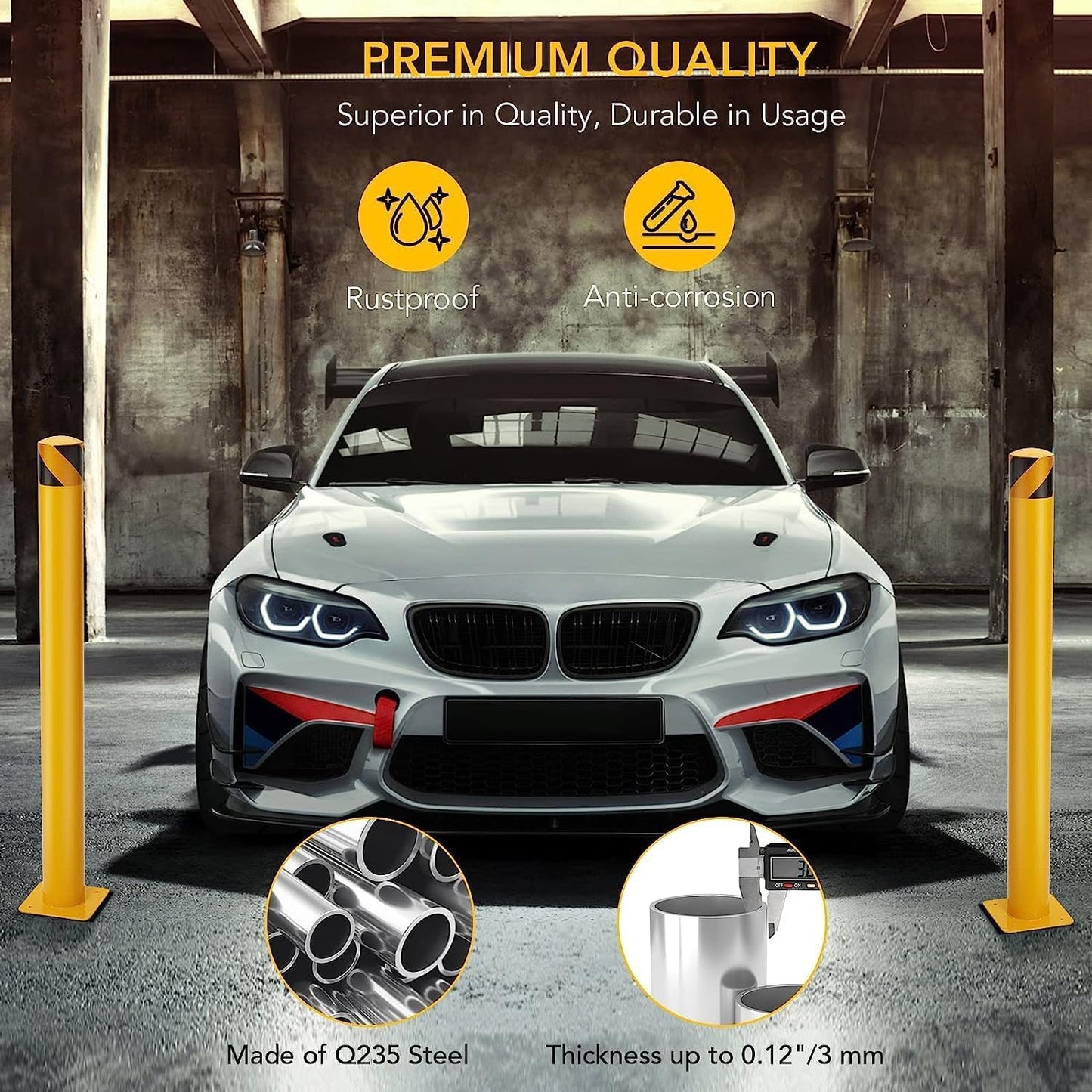 Safety Bollard 4 Packs,48 Inch Height Bollard Post, 4.5 Inch Diameter, Yellow Safety Steel Bollard Post with 16 Anchor Bolts, for Traffic Control, Driveway Barrier, Parking Pole