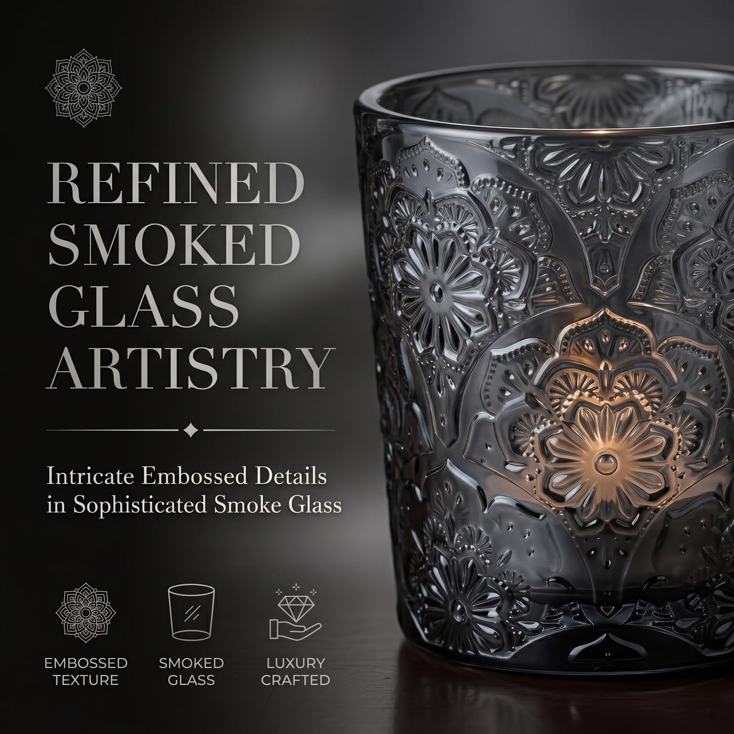 6 Pack Mandala Embossed Glass Candle Holders – Votive Tealight Holders with Patent Design, Decorative Embossed Glass Cups for Wedding Centerpieces, Parties, and Home Décor (Smoky Quartz)