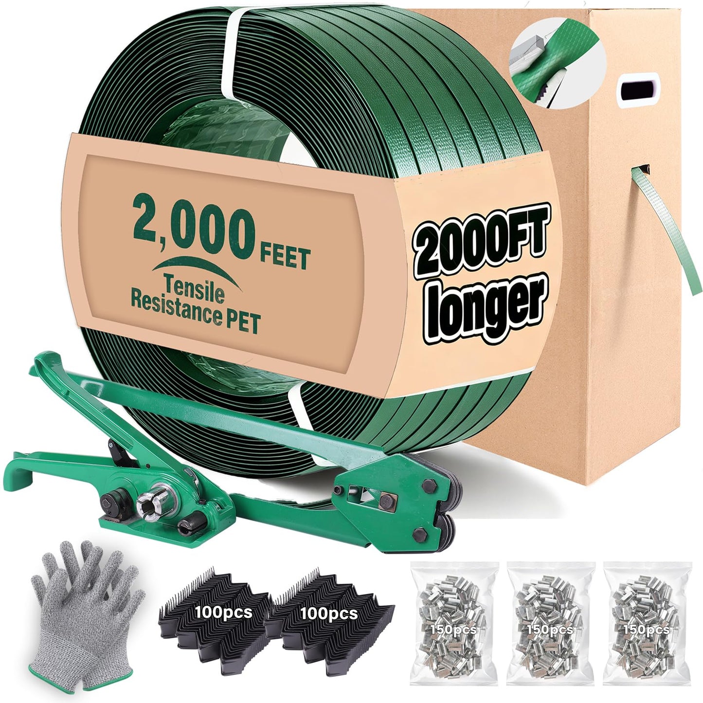 FoundGo PET Banding Strapping Kit for Heavy Duty Tough Pallet Packaging Strapping Tool with >1500lbs 5/8" x 2000' PET Strapping Roll & its own Pull-Out Box 200 Corner Protectors 450 Seals-Green