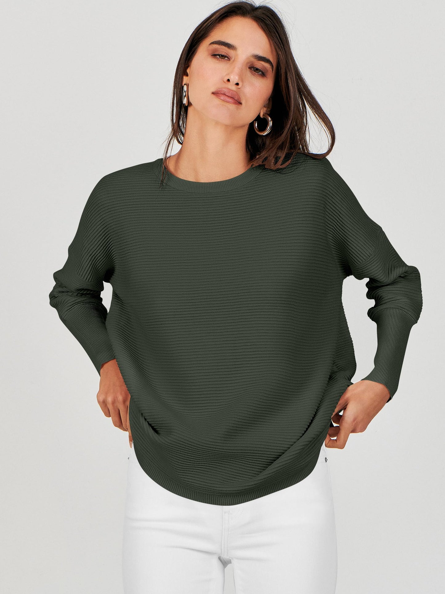 ANRABESS Womens Oversized Batwing Long Sleeve Ribbed Knit Sweaters 2025 Fall Outfits