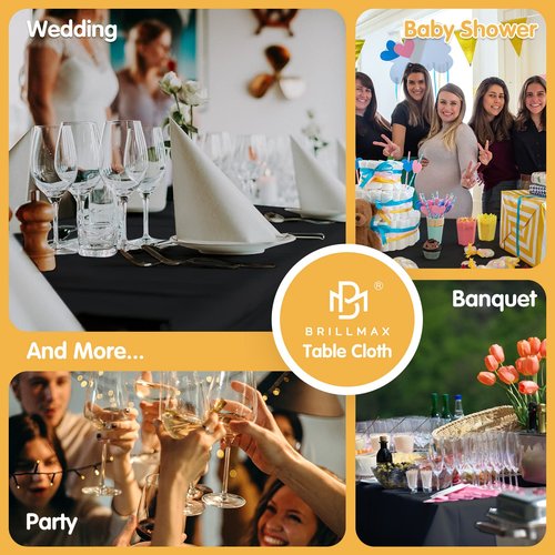 BRILLMAX 8 Pack Black Tablecloths 70 x 120 Inch for 6ft & 8ft Rectangle Tables - 150 GSM Polyester Fabric, Universal Fit, Water, Stain & Wrinkle Resistant Cloth Cover for Wedding Reception Banquet