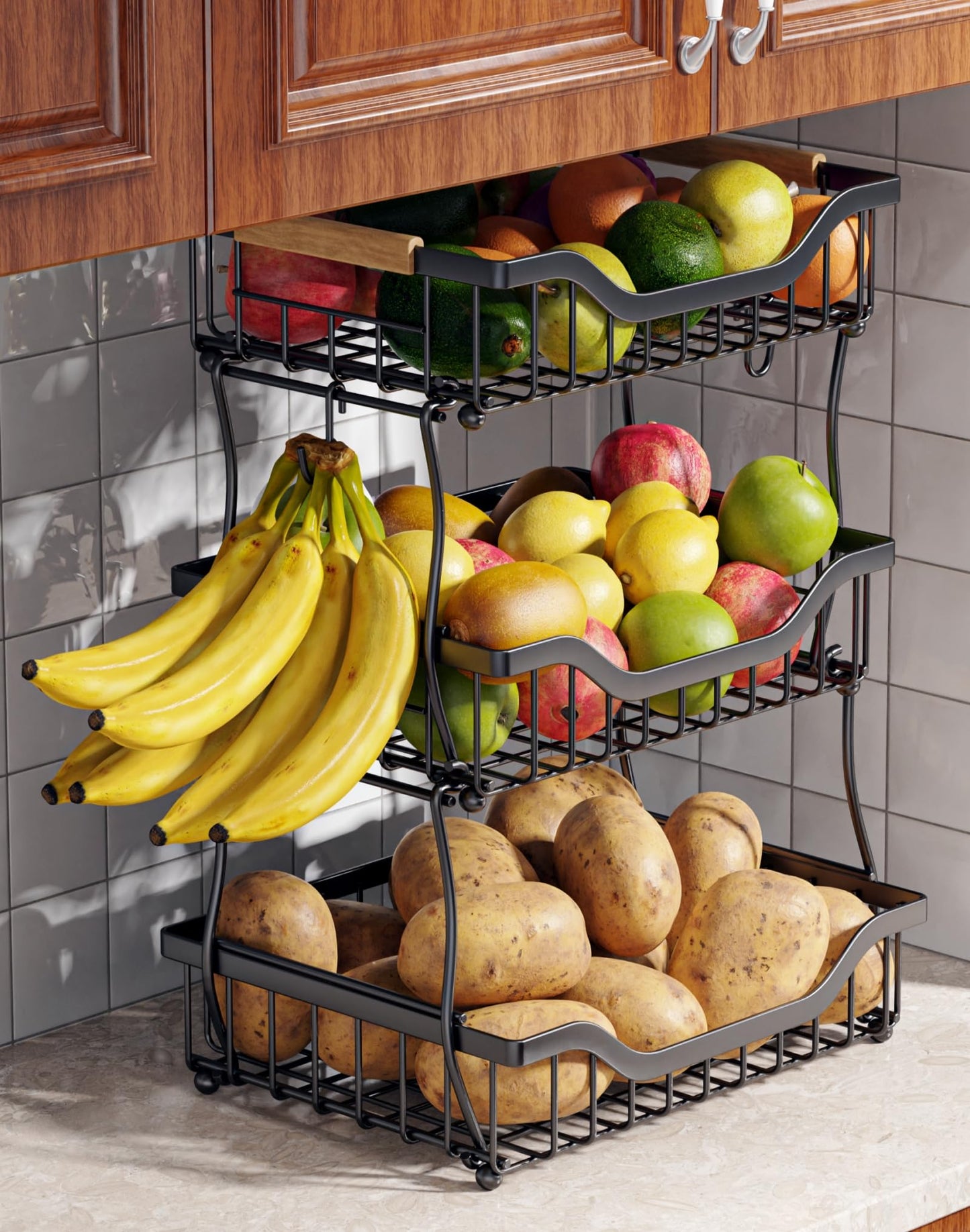 OKZEST 3-Tier Fruit Basket for Kitchen Counter with 2 Banana Hangers, Countertop Organizer Fruit Bowls, Fruit Storage Basket Stand with Handle for Storage Potato Onion Bread Snack Fruit Veggie