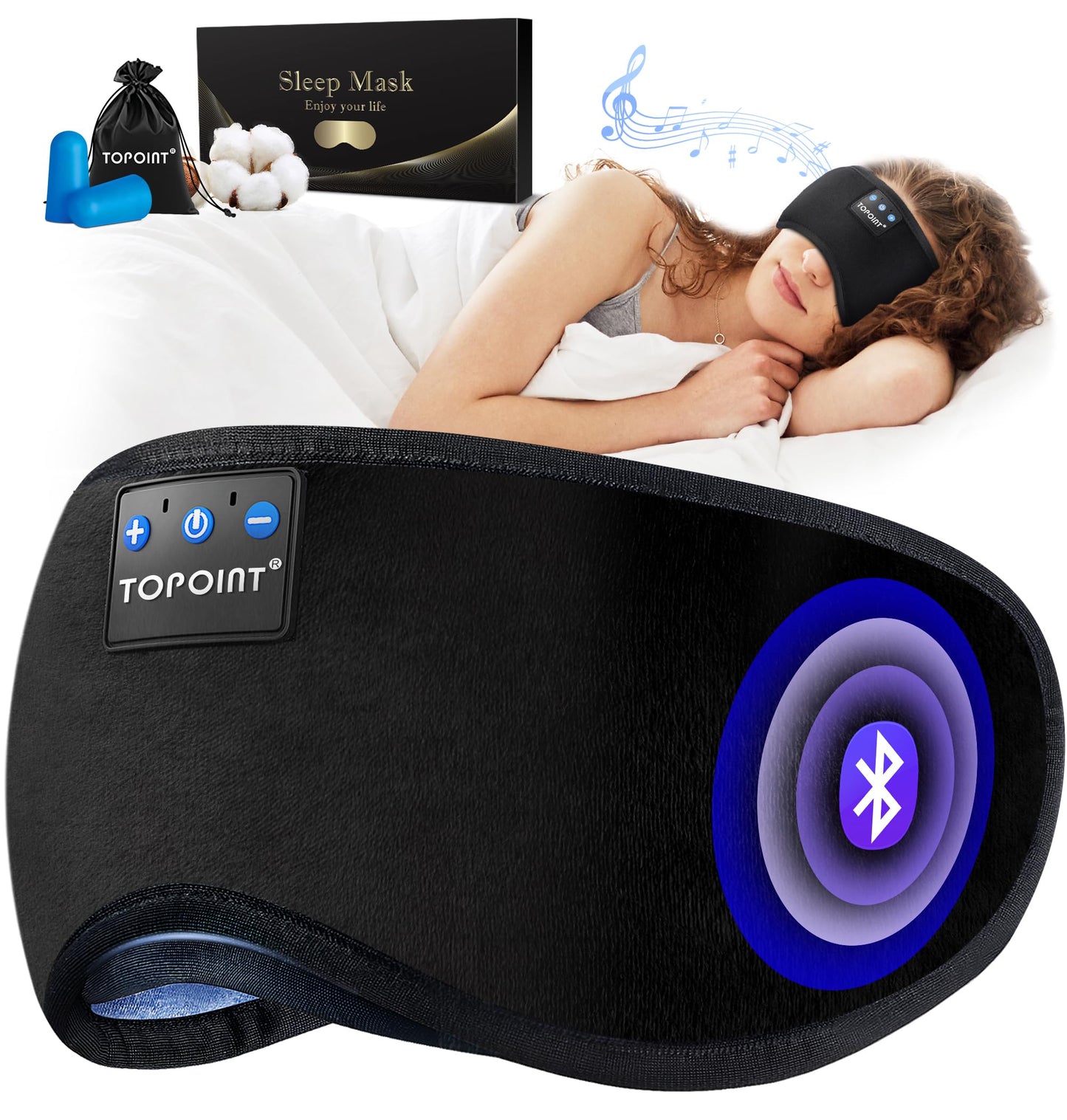 TOPOINT Sleep Mask with Headphones Bluetooth 5.4 Wireless, Sleep Headphones Earphones Earbuds with Microphone HD Speakers Music, Blackout Eye Mask for Sleeping Travel Meditation Men Women Cool Gadgets