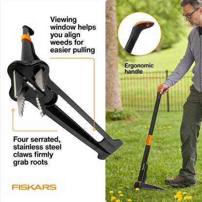 Fiskars Stand-Up Weed Puller Tool, 4 Serrated Stainless Steel Claws Grip Roots for Permanent Removal, Reinforced Foot Platform Penetrates Tough Soil, Easy-Eject & Ergonomic Offset Handle, 39"