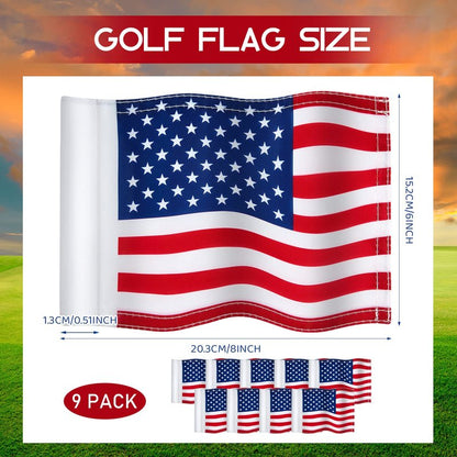 Moukeren 9 Pcs Golf Flag 8 x 6 Inch Putting Green Standard Practice American USA Double Side 420d Nylon for Indoor Outdoor Backyard Veterans Day Patriotic(hole Diameter 0.51)