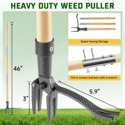 BellaJoyz Weed Puller Tool, Stand Up Heavy Duty Weed Remover Tool with Long Handle & 4-Claw Steel Head, Bamboo Garden Hand Weeding Tool - Easily Remove Weeds Without Bending, Pulling,or Kneeling