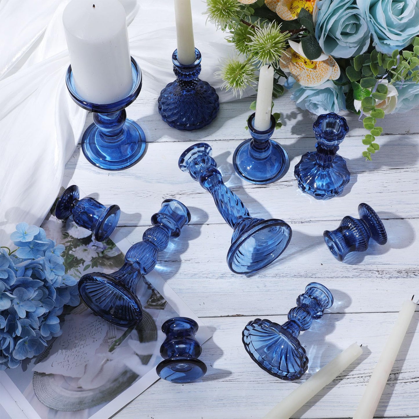 Mumufy 10 Pcs Glass Crystal Taper Candle Holders Clear Glass Candlestick Holder Fit 0.8 Inch Candles Crystal Decorative Candle Stand Centerpiece Table Wedding Dining Party (Classic,Blue)