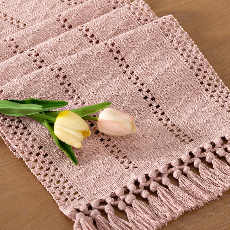 Socomi Boho Table Runner Easter Spring Farmhouse Rustic Dining Kitchen Centerpiece Decor Small Macrame Woven Cotton Linen Coffee Table Runner for Dresser Scarf Home Decor 12x36 in Pink