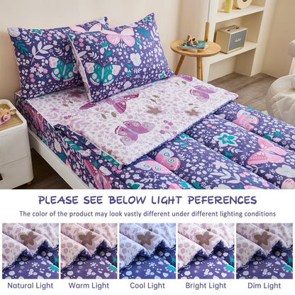 Anibedding 3Pcs Zip Up Bedding Comforter Set for Girls, Purple Butterfly All in One Zipper Twin Bedding Set with Pillowcase for Kids