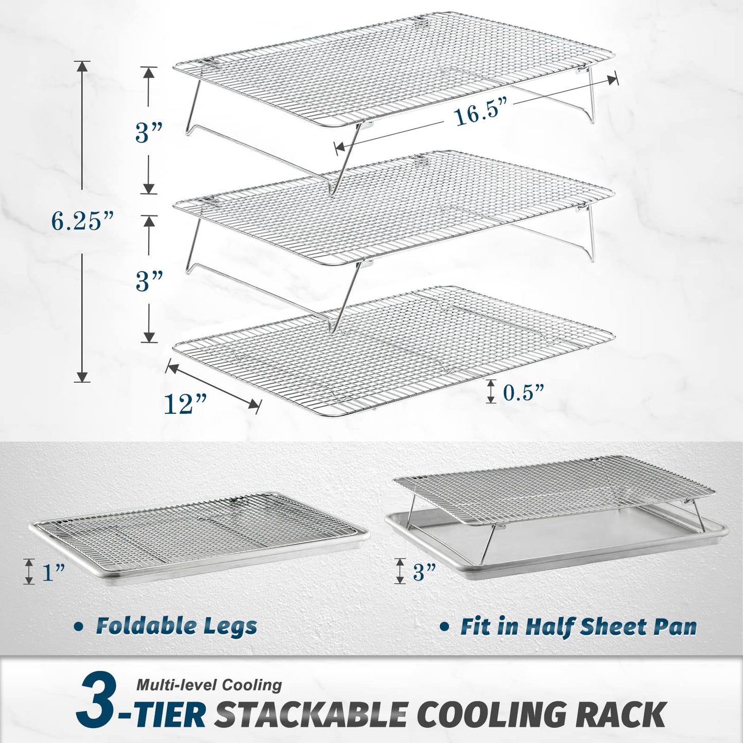 HIWARE Oven-Salf Collapsible Cooling Rack for Baking, 3 Tier 12”x 16.5”, Stainless Steel and Fit Half Sheet, Stackable Wire Cooling Racks for Cookie, Pizza, Cake