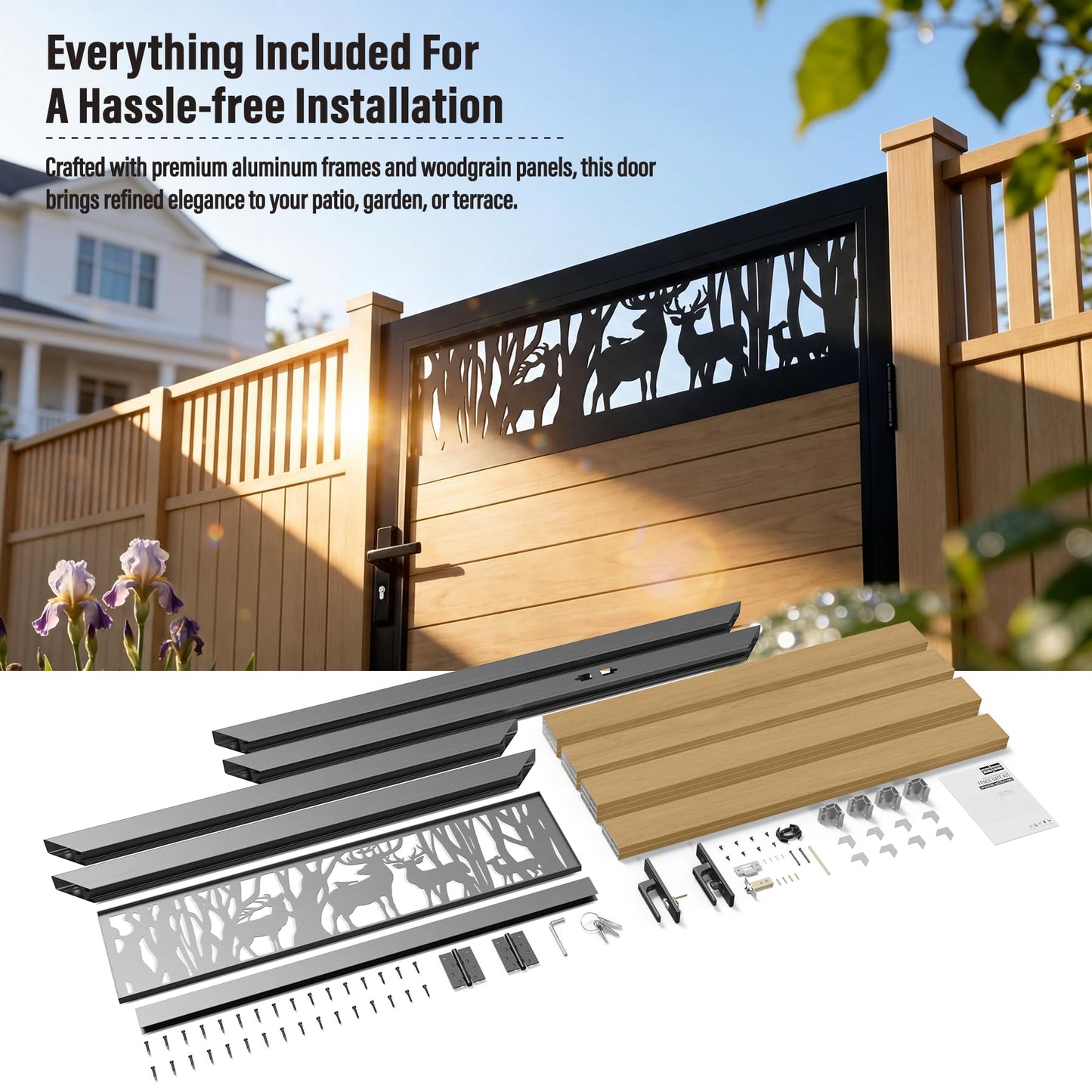 Brukid 4x5 FT Aluminum Fence Gate Kit Wood Grain Aluminum Gate with Decorative Cutout, Lock & Hinges, Left/Right Opening, Weather Resistant for Yard Garden Patio