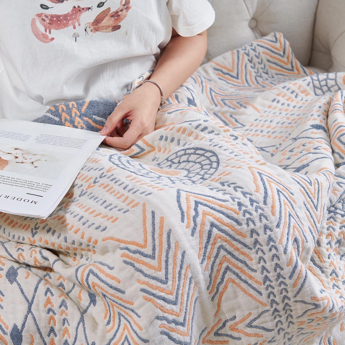 jinchan Boho 100% Cotton Muslin 50x60 Throw Blanket Lightweight 4-Layer Orange Multi Reversible Blanket Washable Breathable Decorative Geometric Striped Pattern Soft Comfy for Couch Bed All Seasons