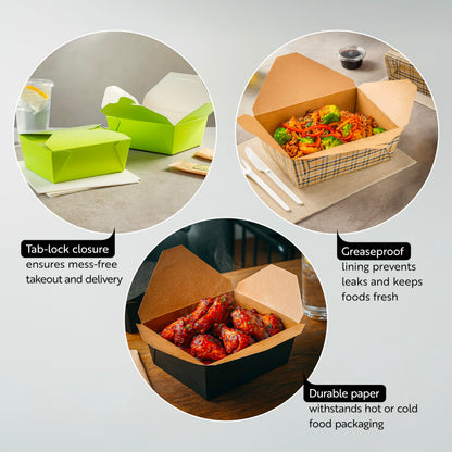 Restaurantware Paper Take Out Box 50 Count 8.5 x 6.2 x 2.6 Inches 71 oz Leakproof Frenchie Food Container with Secure Lid, Grease-Resistant Rectangular Design for Large Capacity Food Storage