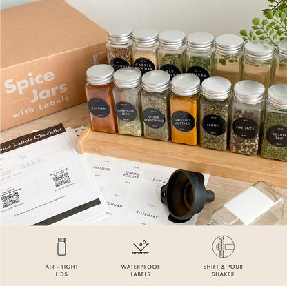 FINESSY Glass Spice Jars with Labels with Metal Lids and Shakers 24 Pack Set, 4oz Small Empty Air Tight Spice Containers with Labels, Clear Seasoning Containers Herb Bottles Kitchen Storage Organizer