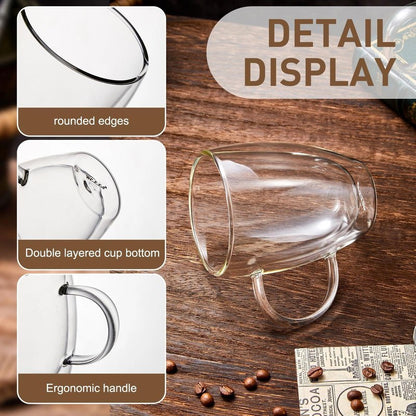 12 Oz Double Walled Glass Coffee Mugs with Handle, Insulated Layer Coffee Cups, Clear Borosilicate Glass Mugs - Gift for Cappuccino,Tea,Latte,Espresso,Hot Beverage,Cold Drinks, Set of 2