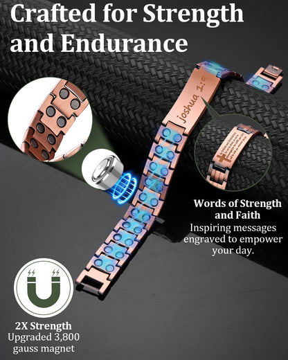 Fashtour Copper Cross Bracelet for Men - Ultra Strength Magnetic Mens Cross Jewelry Set - Adjustable Magnetic Bracelet with Sizing Tool Jewelry Box (Copper&Joshua 1:9)