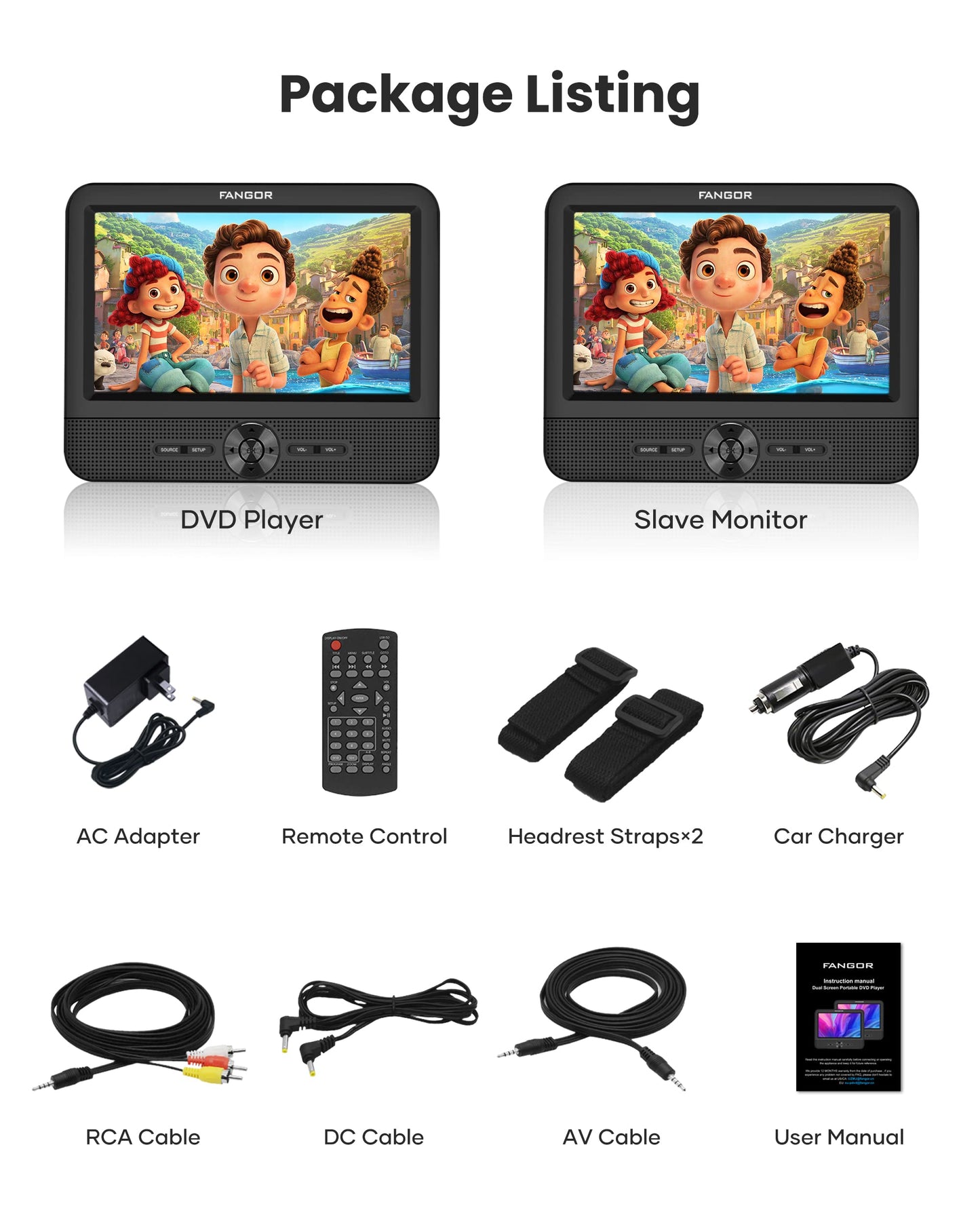 FANGOR 7.5 Inch Dual Car DVD Player, Portable DVD Player for Car with 5 Hours Rechargeable Battery, Last Memory, AV Out/in, Support USB/SD/Sync TV, All Regions