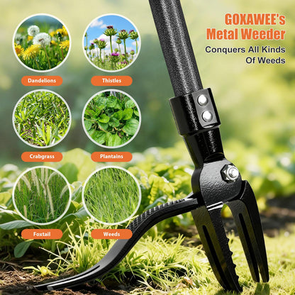 GOXAWEE Metal Stand Up Weed Puller Tool - 45" Garden Weeding Tool with Steel Long Handle & 4-Claw Steel Head - Effortlessly Remove Weeds Without Bending/Kneeling - All Steel Construction