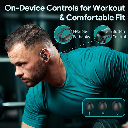 Active Noise Cancelling Earbuds Wireless Bluetooth Headphones 80H Playtime LED Power Display Charging Case Over Ear Hooks Ear Buds with Hi-Res Sound & Clear Calls for Sports Running Gym Workout Black