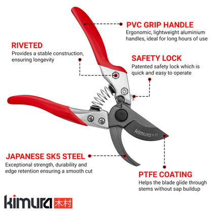 Kimura® 8" Pro Bypass Pruning Shears, Heavy Duty Japanese SK5 Steel Blades, 1 inch Cut Capacity, Non-Slip PVC Coated Handles, Lightweight & Ergonomic, Japanese Pruners, Professional Garden Clippers