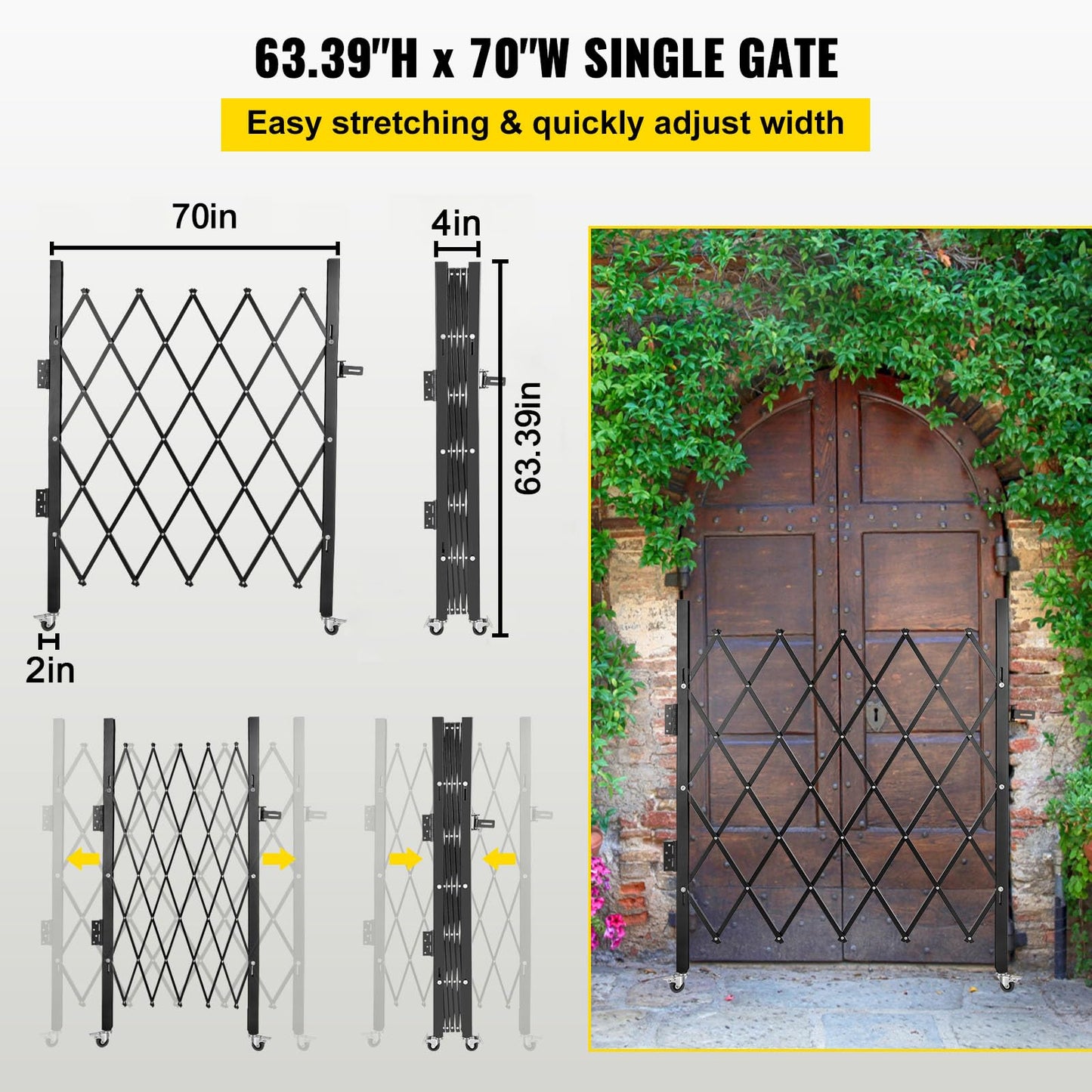 VEVOR Single Folding Security Gate, 61" H x 71" W Folding Door Gate, Steel Accordion Security Gate, Flexible Expanding Security Gate, 360° Rolling Barricade Gate, Scissor Gate/Door with Padlock