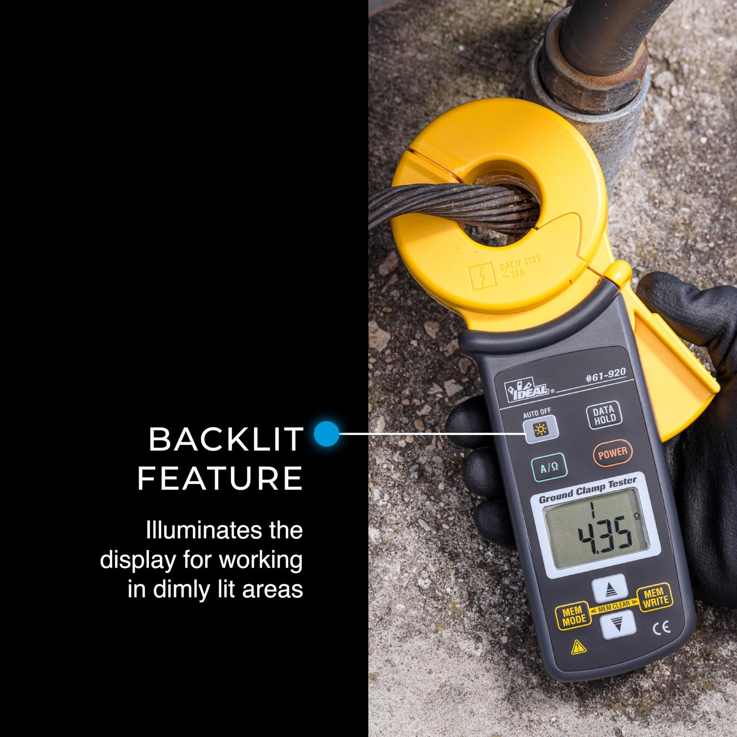 Ideal Electrical Ground Resistance Clamp Meter, Digital Auto-Ranging, Measures 0–1200Ω & 0–30A AC, True RMS, Noise Check, Data Hold, Continuity Buzzer, Memory Save, Auto Power-Off, Electrical Tools