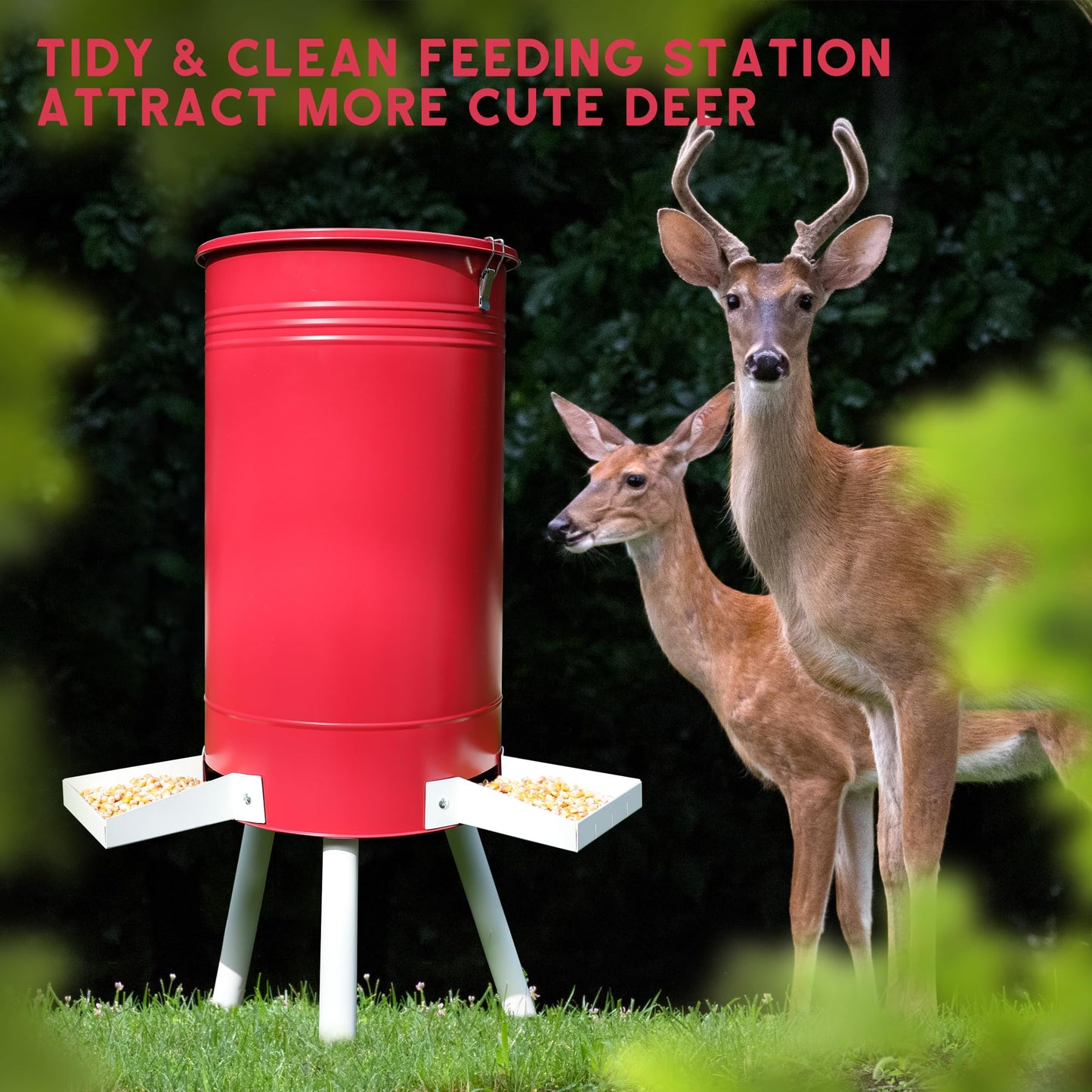 Solution4Patio 50-75 LB Large Metal Hunting Game Feeder, Heavy Duty Free Standing Deer Feeder, Portable Gravity Deer Feeder Automatic Dispenser, Weather-Proof (Red)