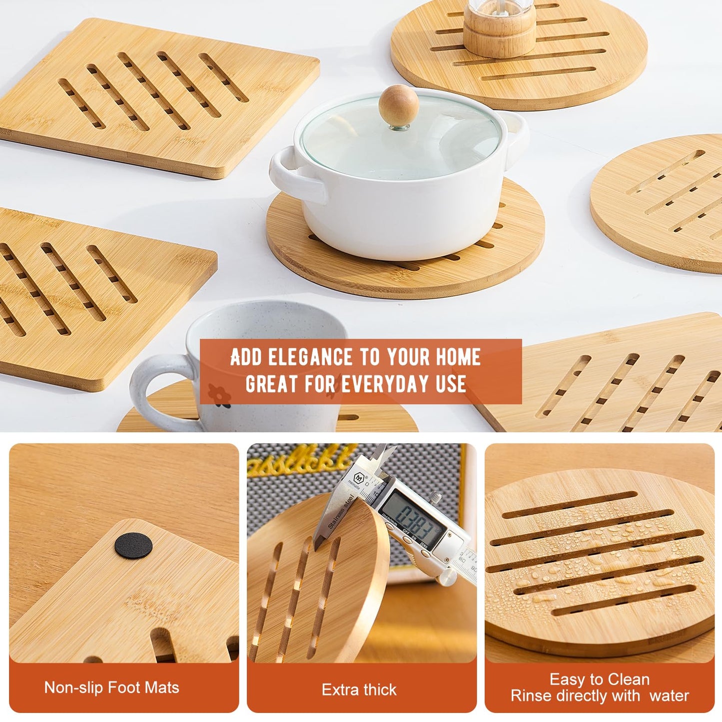 GHWIE Bamboo Trivet with Stand - Heat Resistant Pot Holders for Kitchen, Multi-Purpose Pads, Plate Mats, Large Stove Mat - Air Fryer Accessories and Trivets for Hot Dishes, 4 PCS
