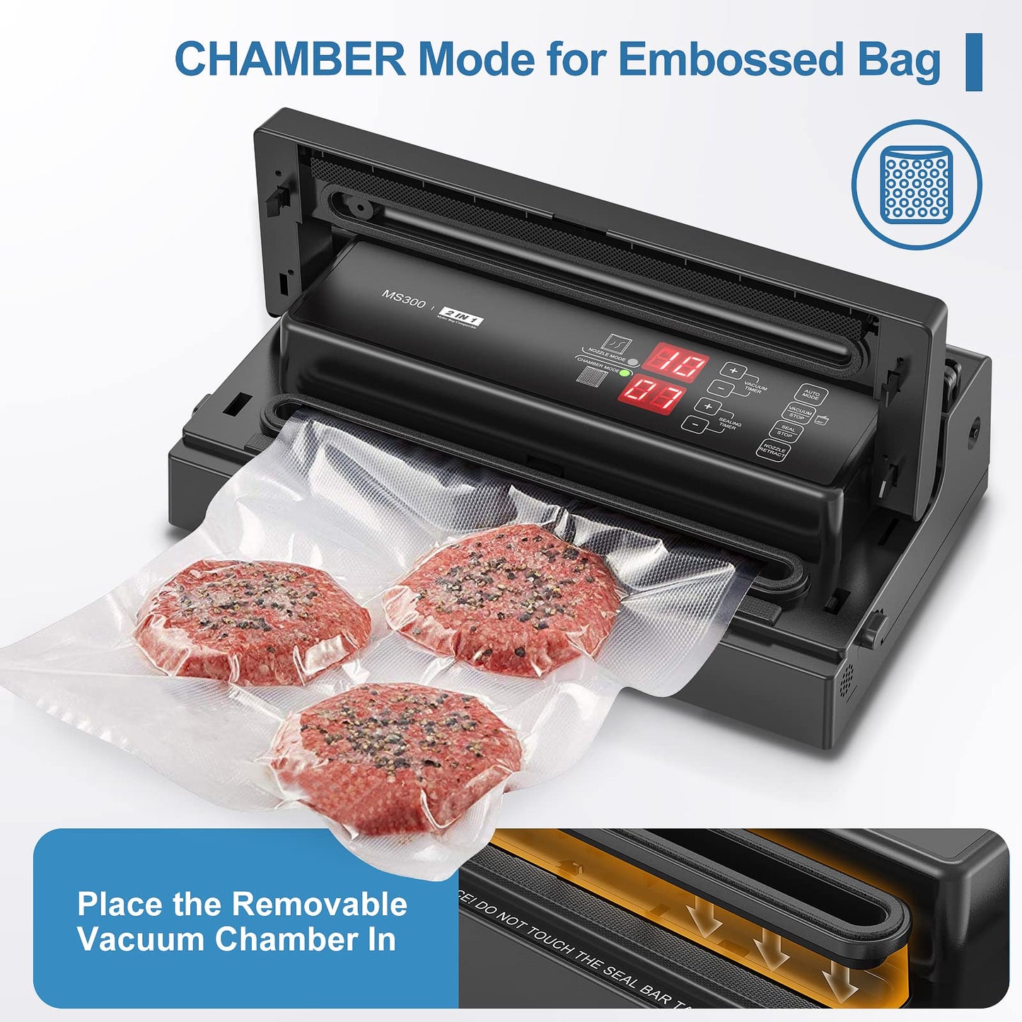 MAGIC SEAL Commercial Dual Mode Vacuum Sealer - for Textured & Smooth/Mylar Bags, 190W Food Sealer Vacuum Packing Machine with Auto Cooling System, Adjustable Air & Seal Settings -MS300