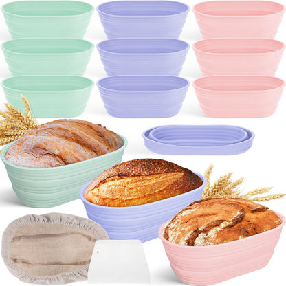 Nuogo 9 Pack Oval Bread Proofing Basket Silicone 10 Inch Collapsible Sourdough Bread Baking Supplies Dough Proofing Bowl with Dough Scraper and Basket Covers for Making Bread