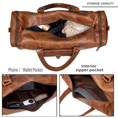 Leather Duffel Bag for Men & Women, Genuine Weekender Travel Bag, Handmade Overnight Gym Bag with Shoulder Strap, Carry-On for Business & Outdoor Travel (Asher Duffel, Light Brown, 24 Inch)