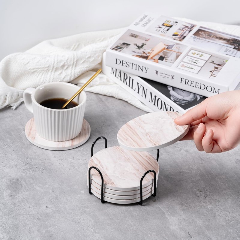 Hoewina 6Pcs Drink Coasters with Holder, Natural Style Ceramic Drink Coaster, Absorbent Coasters Set Suitable for Kinds of Cups, Modern Style Coasters for Coffee Table, 4 Inches（Style 5）