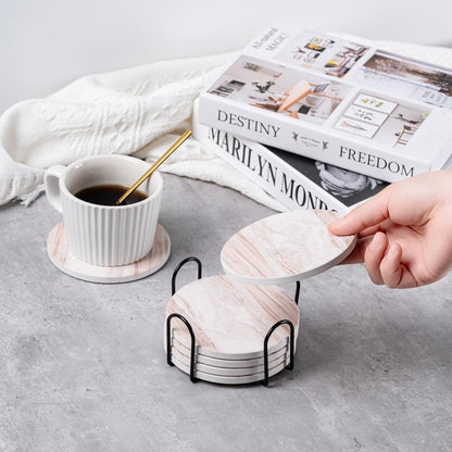 Hoewina 6Pcs Drink Coasters with Holder, Marble Style Ceramic Drink Coaster, Absorbent Coasters Set Suitable for Kinds of Cups, Modern Style Coasters for Coffee Table, 4 Inches（Natural）