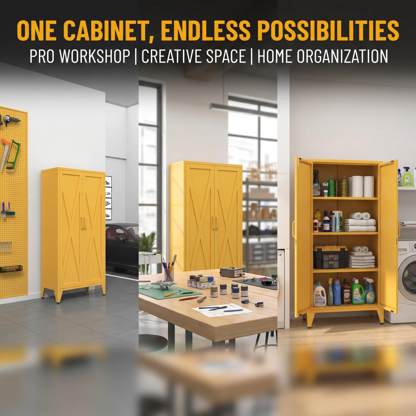 Aiasuit Lockable Metal Pantry Cabinet with 3 Adjustable Shelves, Heavy Duty 4-Tier Storage Organizer, 2-Door Locker for Kitchen & Entryway and Hallway Yellow