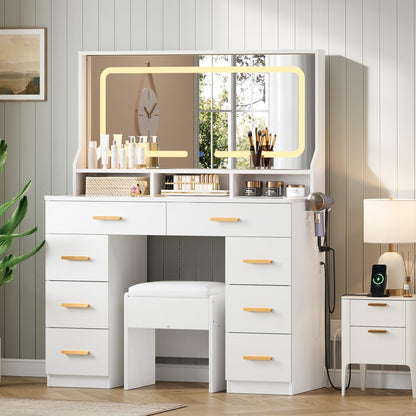 GAOMON Makeup Vanity Desk with Large Lighted Mirror, Vanity Desk with Glass Tabletop, 8 Drawers & 3 Storage Shelves, Vanity Set with Built-in Power Outlet for Bedroom & Dressing Area, White