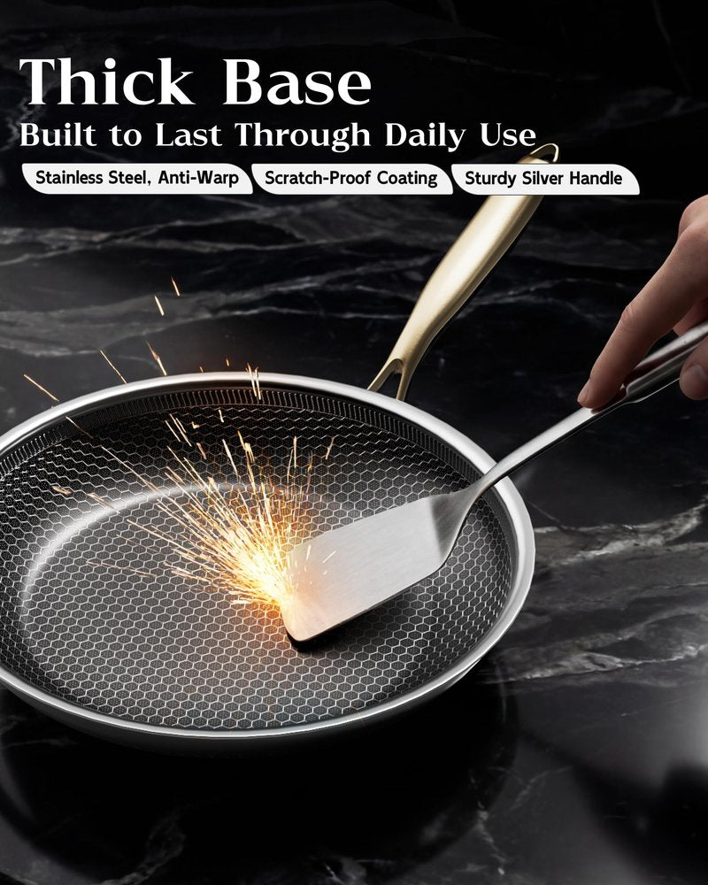 XBM Nonstick Frying Pan with Lid 12-Inch, Durable Stainless Steel Skillet, Induction Cooktop Compatible, PFOA-Free Scratch-Proof, Dishwasher & Oven Safe, Stay-Cool Handle, Silver Kitchen Cookware