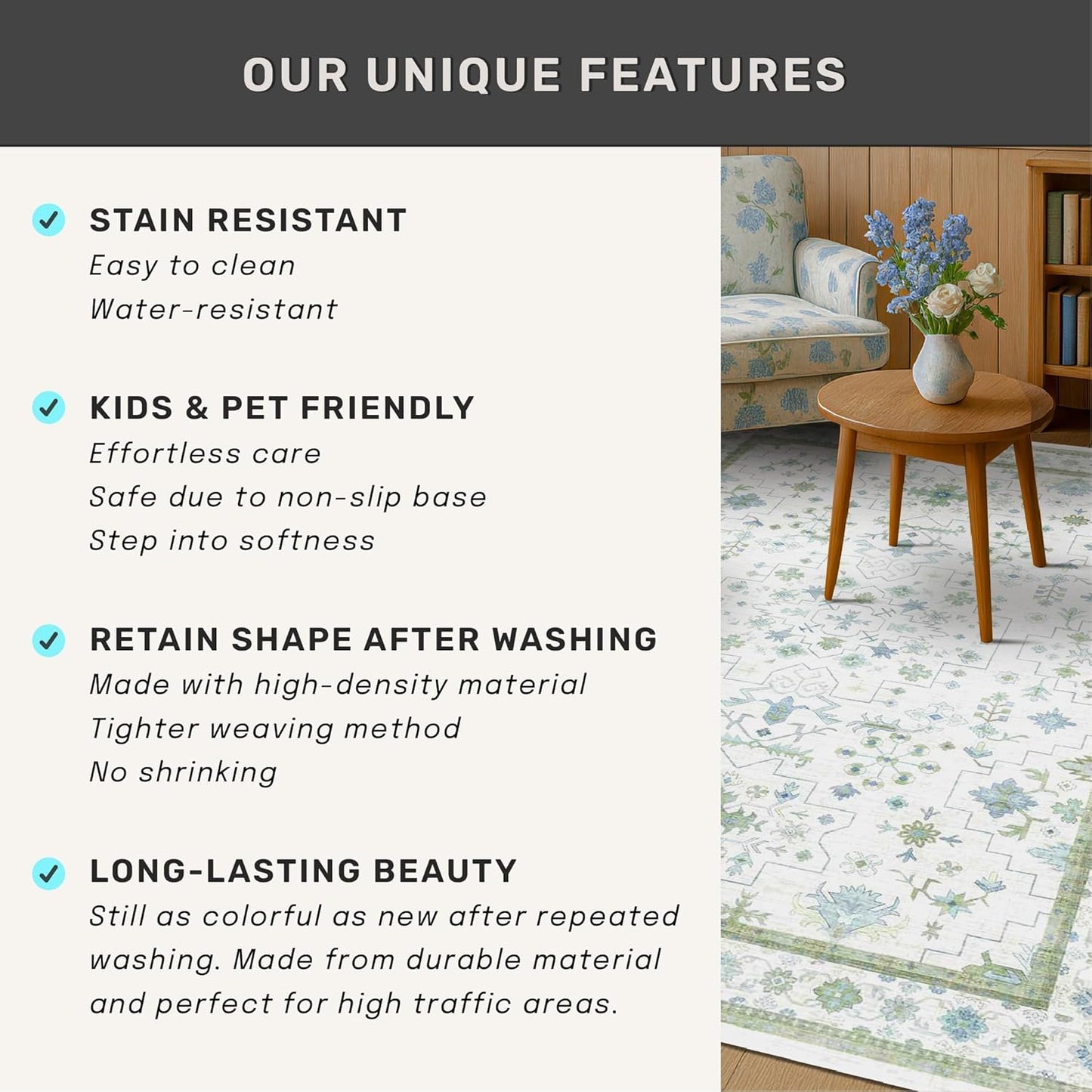 Skiennix Large 8x12 Area Rug - Washable Non-Skid Geometric Floral Design for Living Room & Bedroom