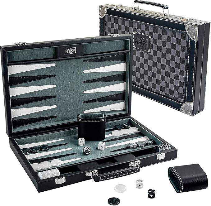 Backgammon Sets for Adults 15 Inches Backgammon Board Games for Adults Leather Backgammon Sets for Family &amp Travel Checkerboard Design Grey and Black