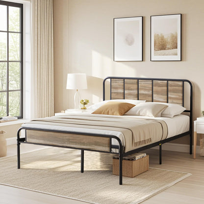 VECELO Queen Platform Bed Frame with Wooden Headboard,Sturdy Steel Slats Support/Matress Foudation/No Box Spring Needed(Grey Slate)