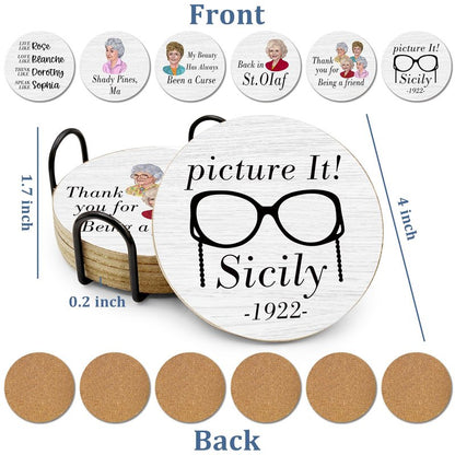 HSSPIRITZ 6 PCS Golden Girls Merchandise Cork Coasters for Drinks, Funny Coasters Set with Coaster Holder,Golden Girls TV Show Kitchen Decor Themed Coasters Gifts for Fans