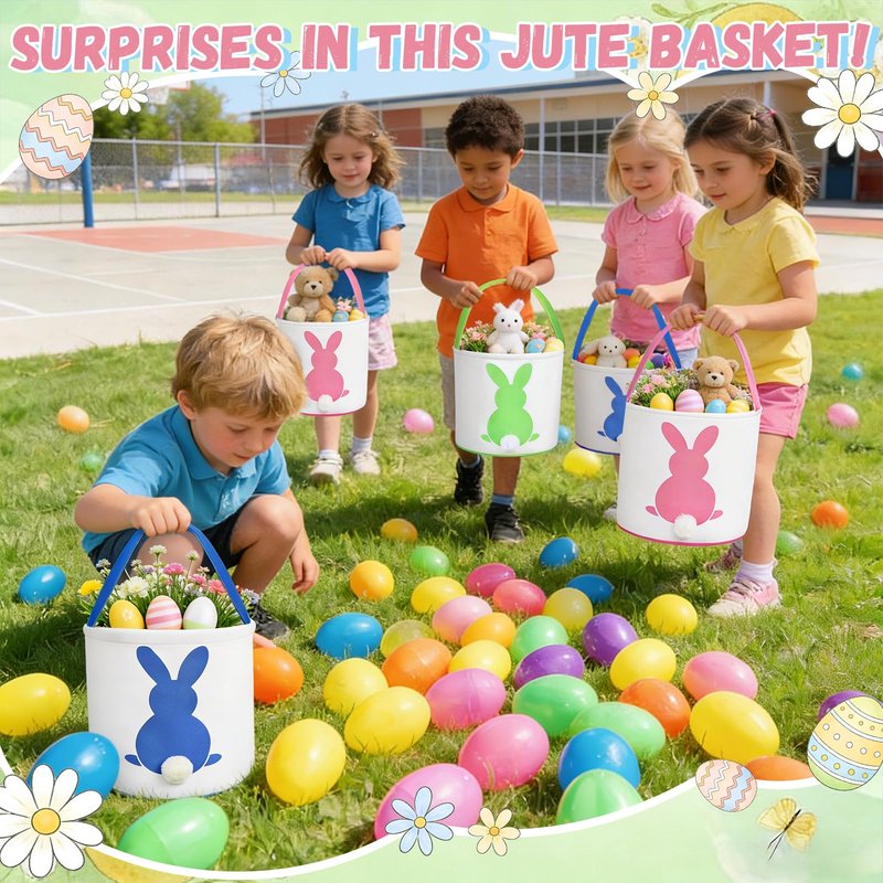 3 PCS Easter Eggs Hunt Basket for Kids Canvas Bunny Basket Egg Bags Rabbit Fluffy Tails Party Celebrate Decoration Gift Toys Carry Bucket Tote