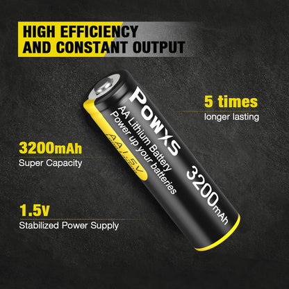POWXS AA Lithium Batteries, 16 Pack 1.5V Lithium Iron Double A Batteries 3200mAh Super Capacity for Blink Camera, Video Doorbell, Flashlight, Toys, Remote Control 【Non-Rechargeable】