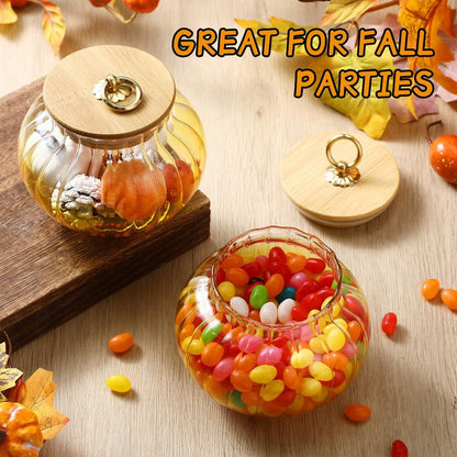 Suclain 2 Pcs Thanksgiving Glass Jars Pumpkin with Bamboo Lids 20 oz Fall Candy Dishes Cookie Bar Crystal Candy Bowl Storage Containers Snack Jars Decorative Glass Canister for Home Decoration