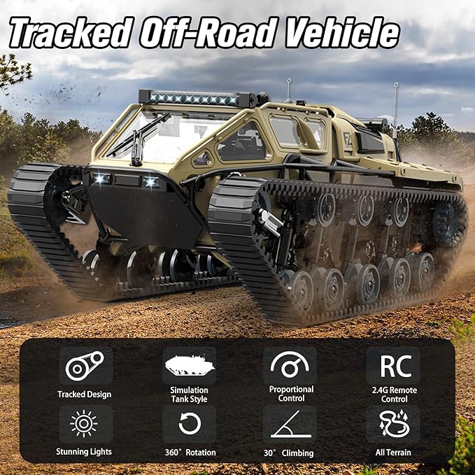 Mostop RC Tank Car 1:16 Scale 2.4Ghz Remote Control Crawler High Speed Tank Off-Road RC Tracked Vehicles 360°Rotating Drifting Car with 2 Batteries Military Truck for Kids Adults
