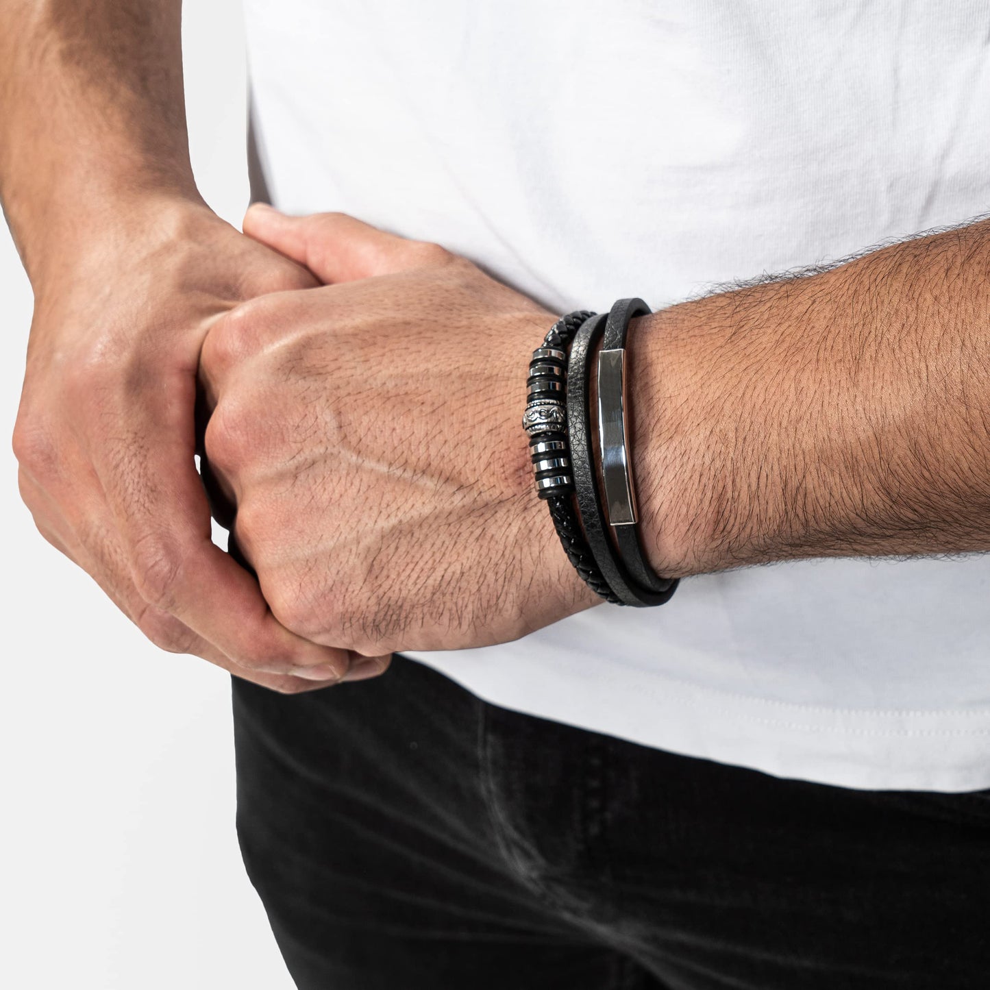 SERASAR 8″ Silver Leather Bracelets for Men Mens Cowhide Gift Box Braided Bracelet Stainless Steel Jewelry Wrist Band Cuff Wrap Rope Bangle Dad Pulseras para Hombres Cuero Regalo