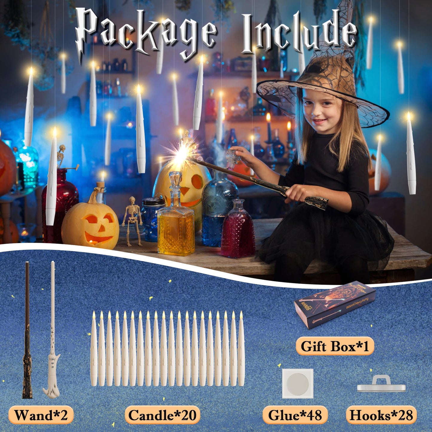 JOIONE Floating Candles with Wand, 20 Pack Hanging Candles with Magic Wand Remote, Battery Powered Floating Candles with 2 Wand, Flameless Magic Hanging Taper Candles for Xmas Halloween Decor