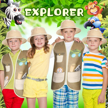 Geyoga 48 Pcs Explorer Costume Kids 24 Safari Vest and 24 Safari Hats Explorer Outfit for Kids Jungle Party Favors Outdoor Activity Halloween Birthday Gifts
