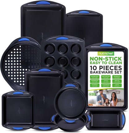 NutriChef 10-Piece Nonstick Bakeware Set - Heavy-Duty Carbon Steel Trays with Silicone Handles | Includes Cookie Sheets, Muffin Pan, Pizza & Loaf Pan, Round & Square Pans - Easy to Clean