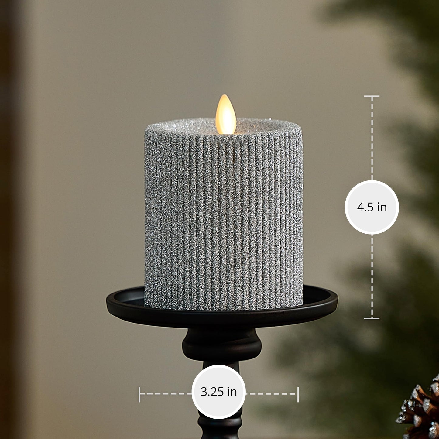 Luminara Brilliant Silver Glitter Ribbed Flameless LED Candle Moving Flame Pillar, Real Wax, Flat Top, Timer (3.25" x 4.5")