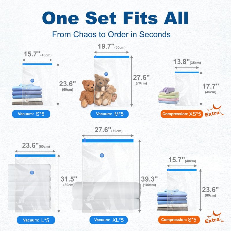 HOUSE DAY 30 Pack Vacuum Storage Bags with Electric Pump, 4 Sizes + 2 Roll-Up (5 Each), Space Saver Vacuum Seal Bags for Clothing, Bedding, Pillows, Travel – Airtight Seal, Reusable & Durable